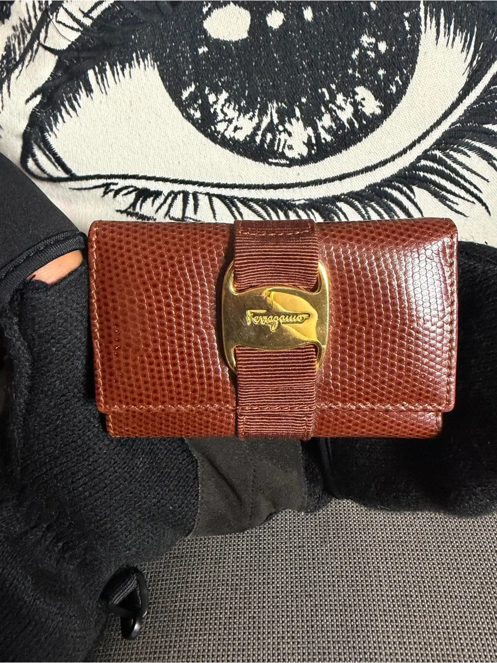Salvatore Ferragamo Brown Lizard-Embossed Leather 6 key case